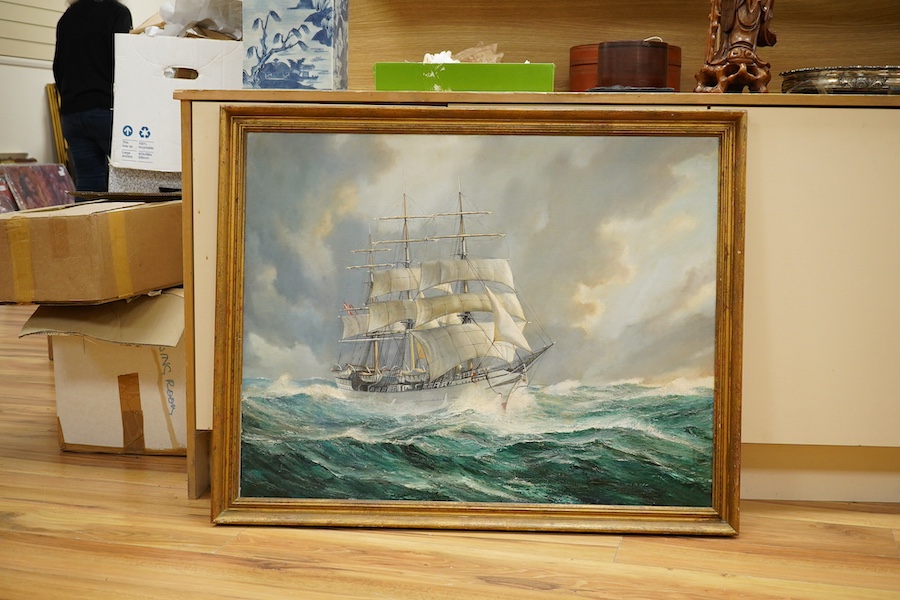 20th century School, oil on canvas, Study of a ship in full sail, 70 x 90cm, gilt framed. Condition - good